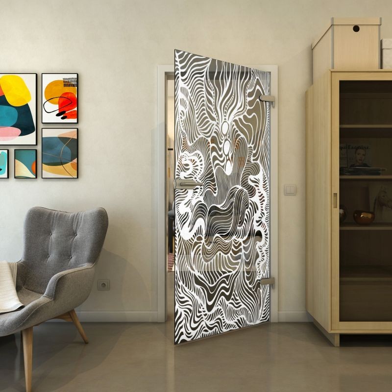 Ganzglastür - Fineprint Modell 056 Weiss auf Grauglas