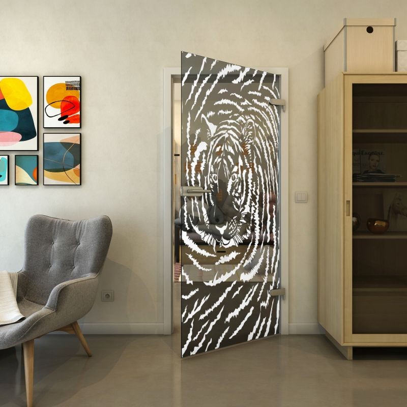 Ganzglastür - Fineprint Modell 057 Weiss auf Grauglas