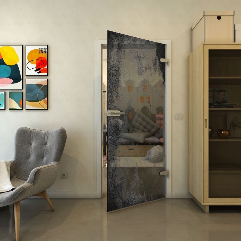 Ganzglastür - Fineprint Modell 061 Schwarz auf Grauglas