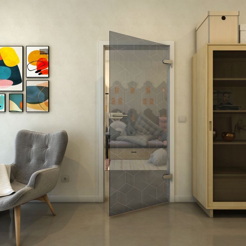 Ganzglastür - Fineprint Modell 063 Weiss auf Grauglas