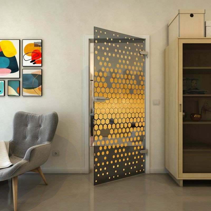 Ganzglastür - Fineprint Modell 072 Gold auf Grauglas