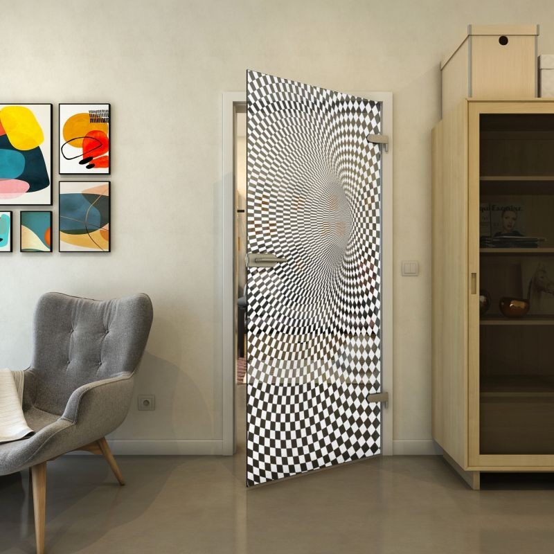 Ganzglastür - Fineprint Modell 075 Weiss auf Grauglas