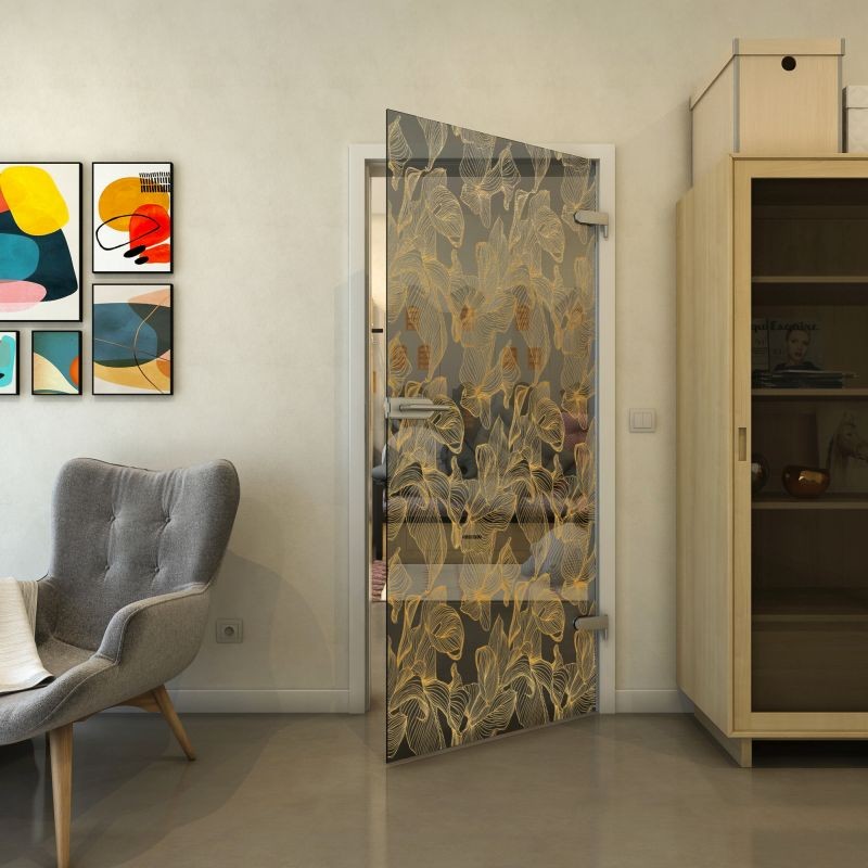 Ganzglastür - Fineprint Modell 077 Gold auf Grauglas