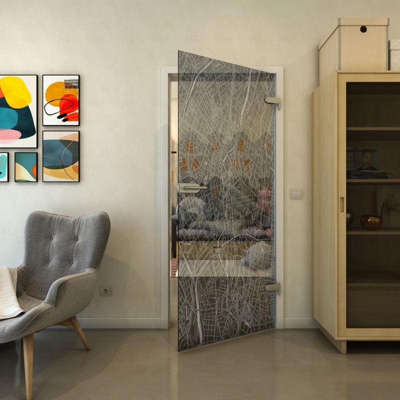 Ganzglastür - Fineprint Modell 079 Weiss auf Grauglas