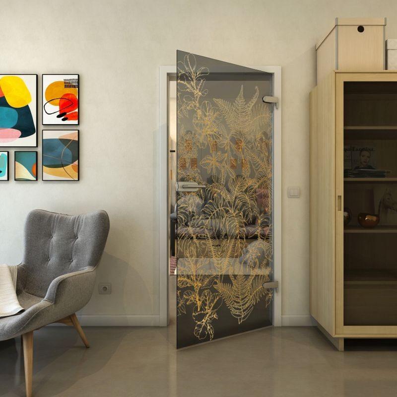 Ganzglastür - Fineprint Modell 080 Gold auf Grauglas