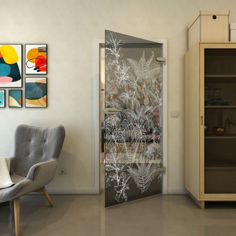 Ganzglastür - Fineprint Modell 080 Weiss auf Grauglas