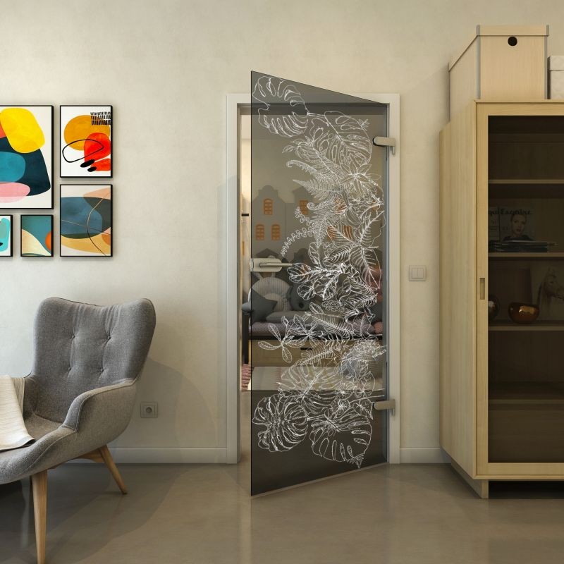 Ganzglastür - Fineprint Modell 082 Weiss auf Grauglas