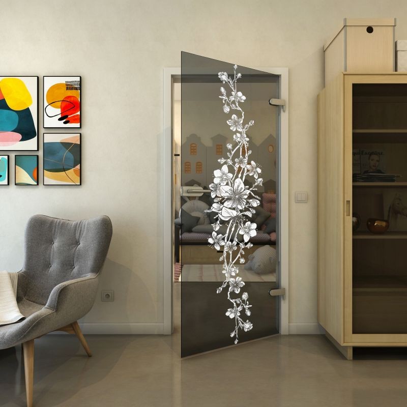 Ganzglastür - Fineprint Modell 085 Weiss auf Grauglas