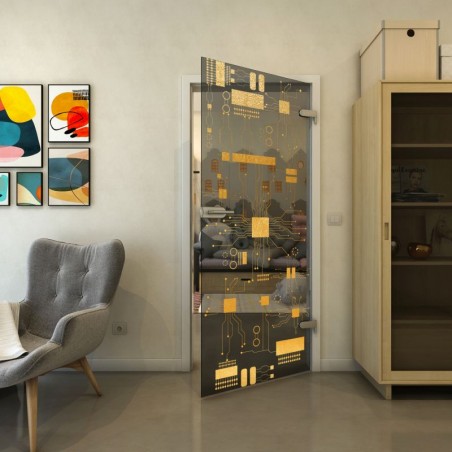 Ganzglastür - Fineprint Model 092 Gold auf Grauglas