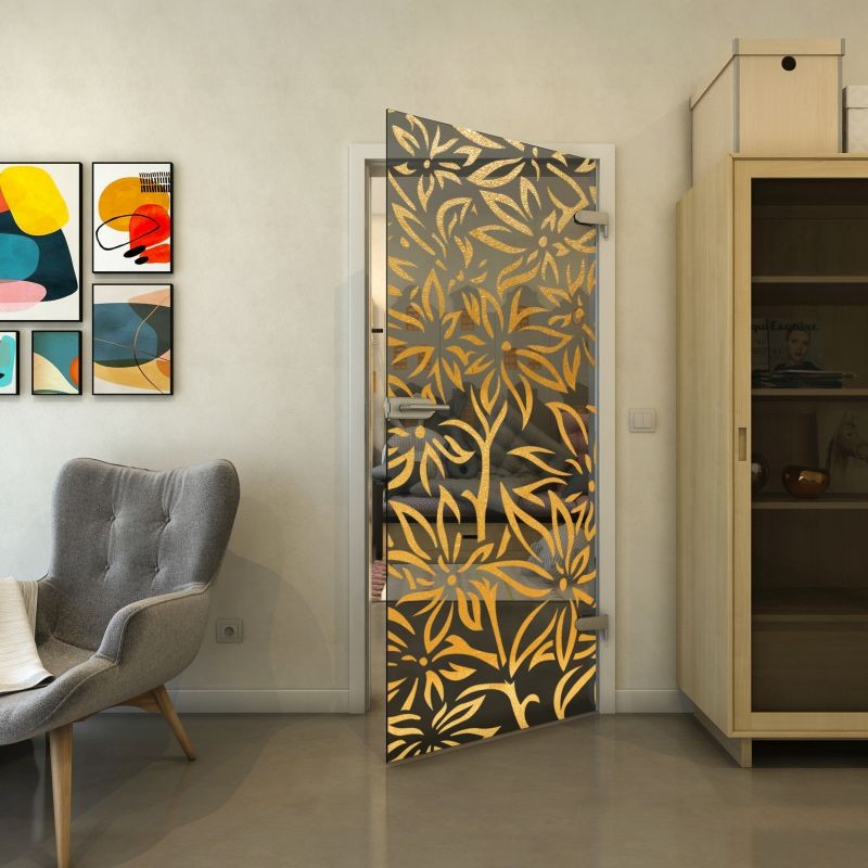 Ganzglastür - Fineprint Modell 095 Gold auf Grauglas