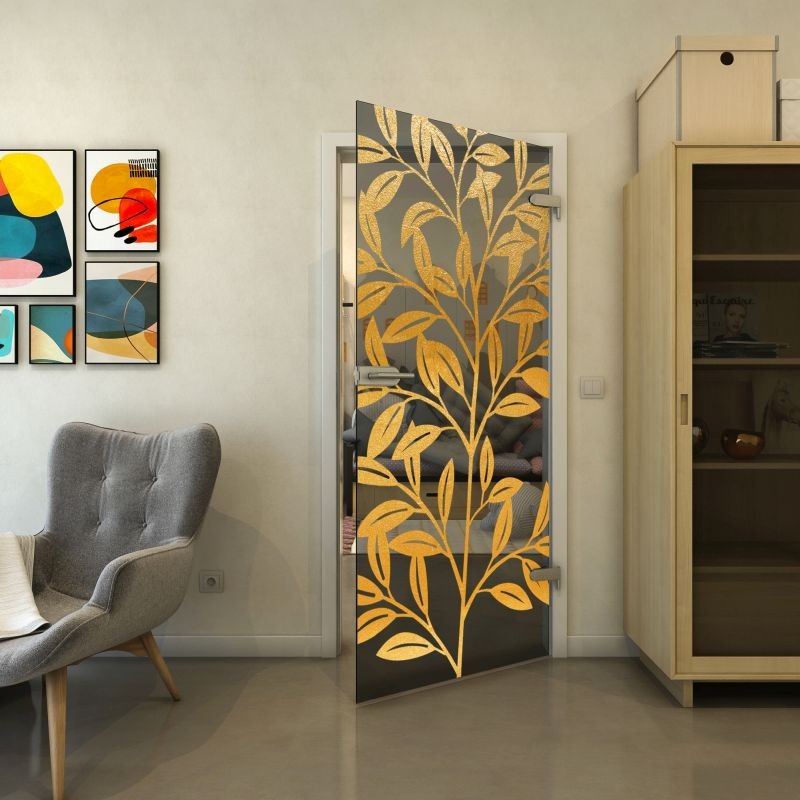 Ganzglastür - Fineprint Modell 099 Gold auf Grauglas