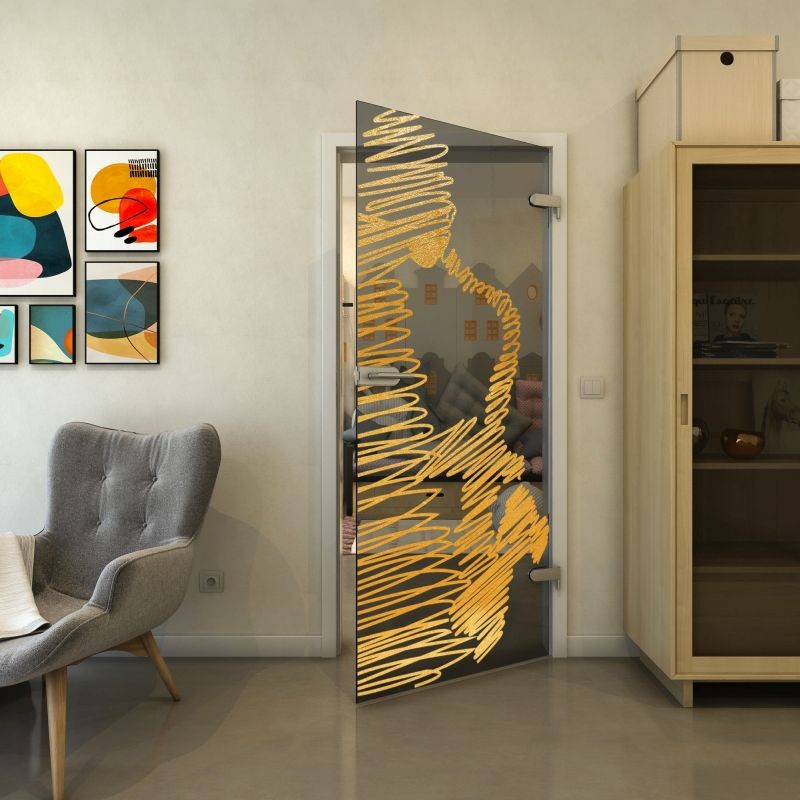 Ganzglastür - Fineprint Modell 106 Gold auf Grauglas