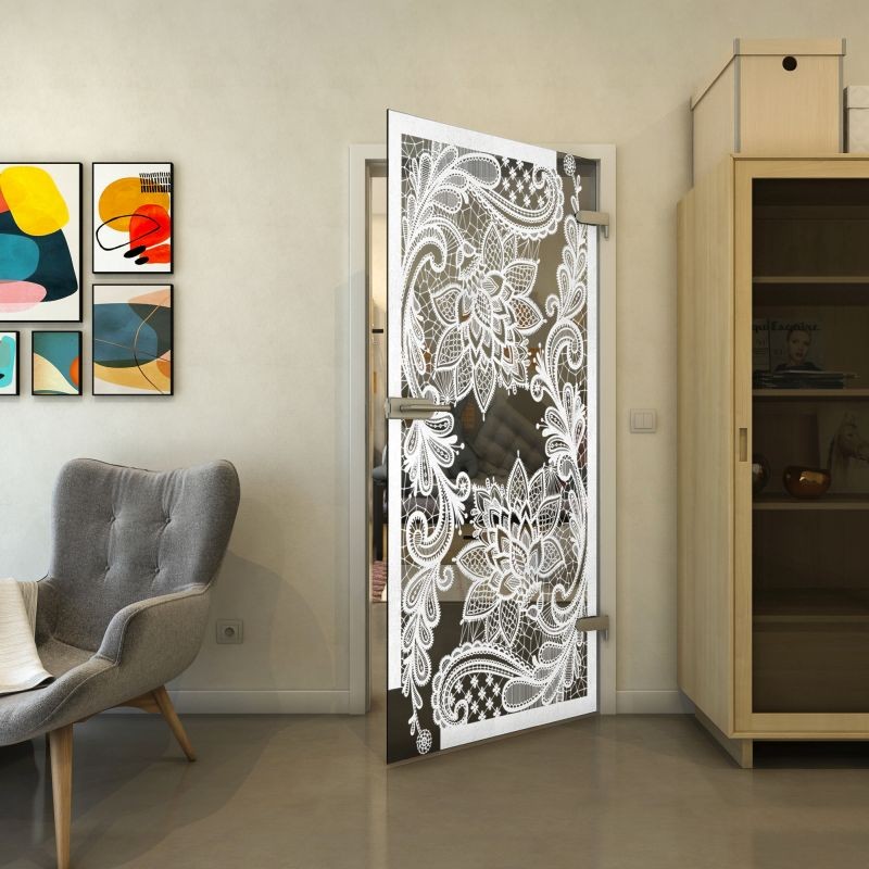 Ganzglastür - Fineprint Modell 108 Weiss auf Grauglas