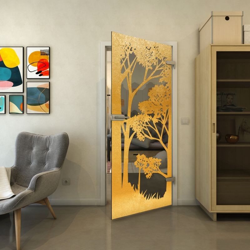 Ganzglastür - Fineprint Modell 110 Gold auf Grauglas