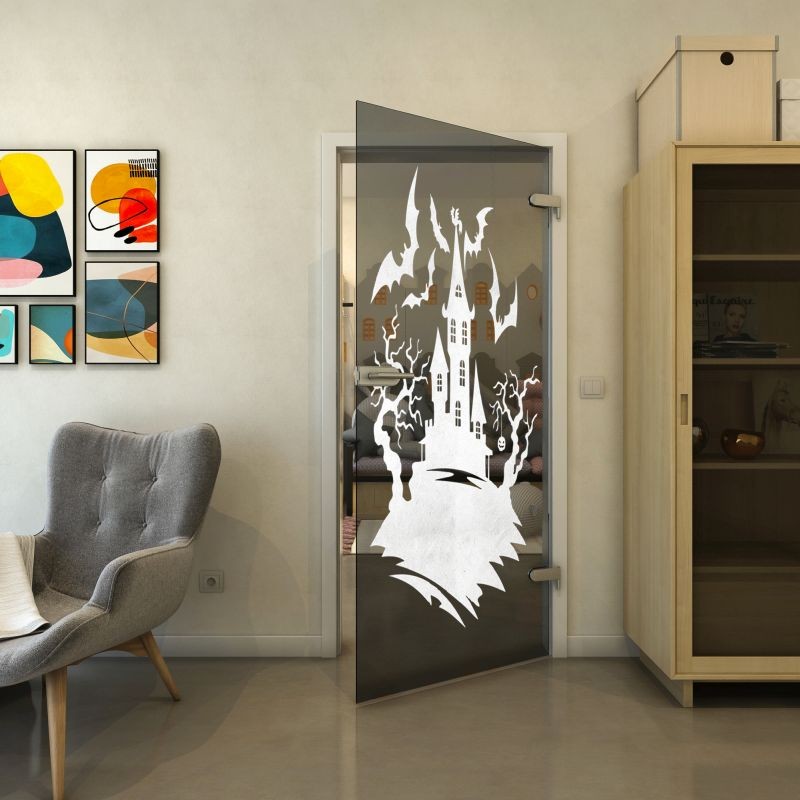 Ganzglastür - Fineprint Modell 114 Weiss auf Grauglas