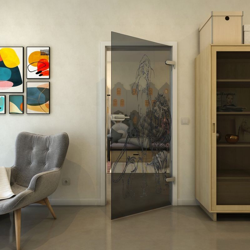 Ganzglastür - Fineprint Modell 117 Schwarz auf Grauglas Ganzglastür - Fineprint Modell 117 Schwarz auf Grauglas