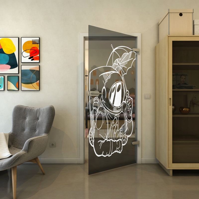 Ganzglastür - Fineprint Modell 126 Weiss auf Grauglas