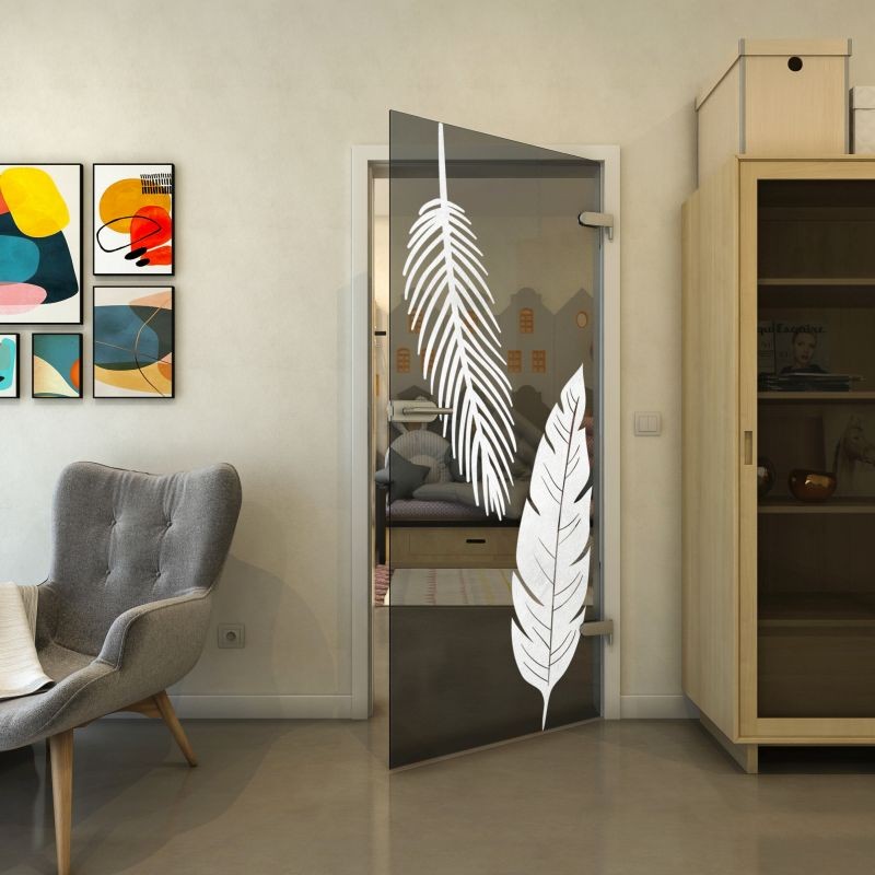 Ganzglastür - Fineprint Modell 129 Weiss auf Grauglas