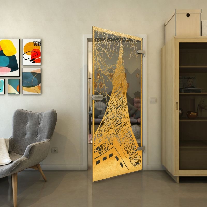 Ganzglastür - Fineprint Modell 132 Gold auf Grauglas