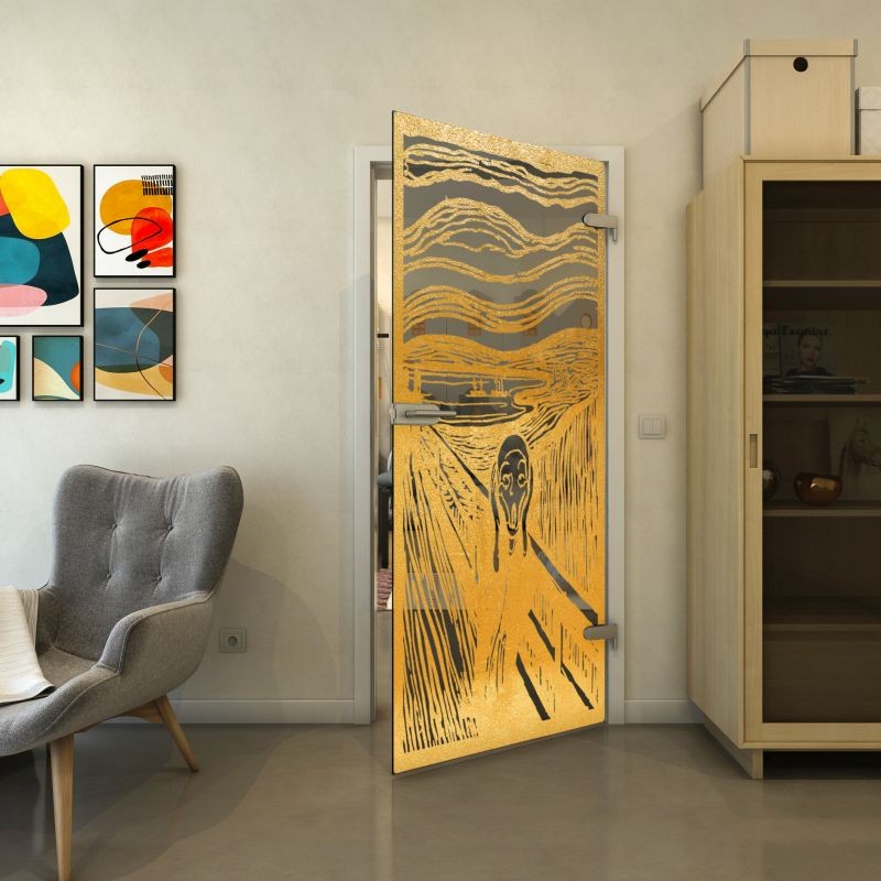 Ganzglastür - Fineprint Modell 133 Gold auf Grauglas