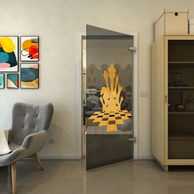 Ganzglastür - Fineprint Modell 136 Gold auf Grauglas