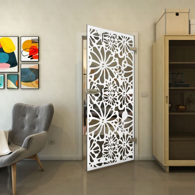 Ganzglastür - Fineprint Modell 145 Weiss auf Grauglas