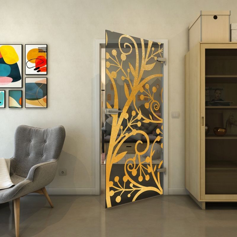 Ganzglastür - Fineprint Modell 146 Gold auf Grauglas