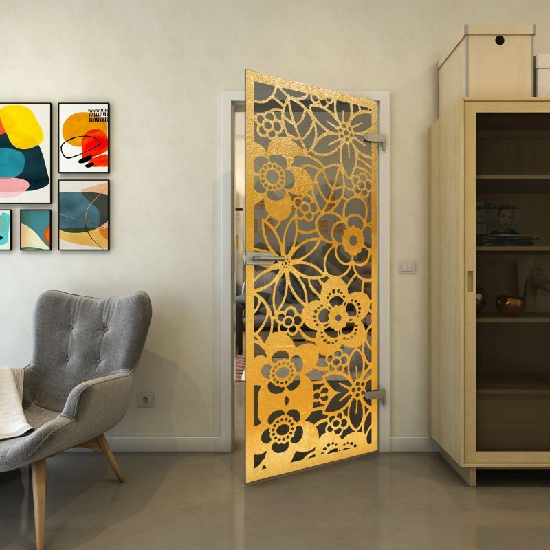 Ganzglastür - Fineprint Modell 149 Gold auf Grauglas