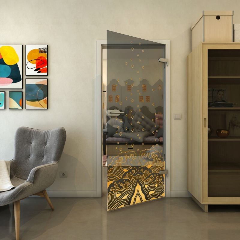 Ganzglastür - Fineprint Modell 155 Gold auf Grauglas