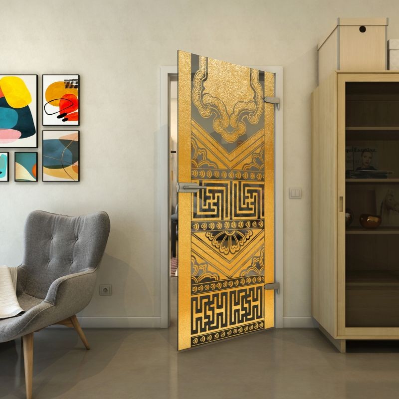 Ganzglastür - Fineprint Modell 156 Gold auf Grauglas