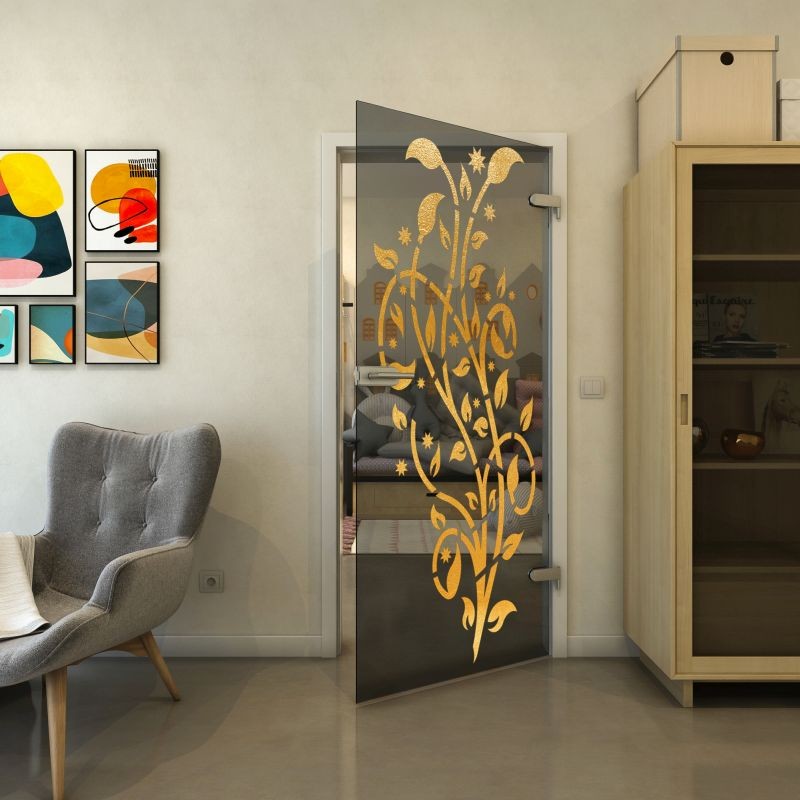 Ganzglastür - Fineprint Modell 166 Gold auf Grauglas