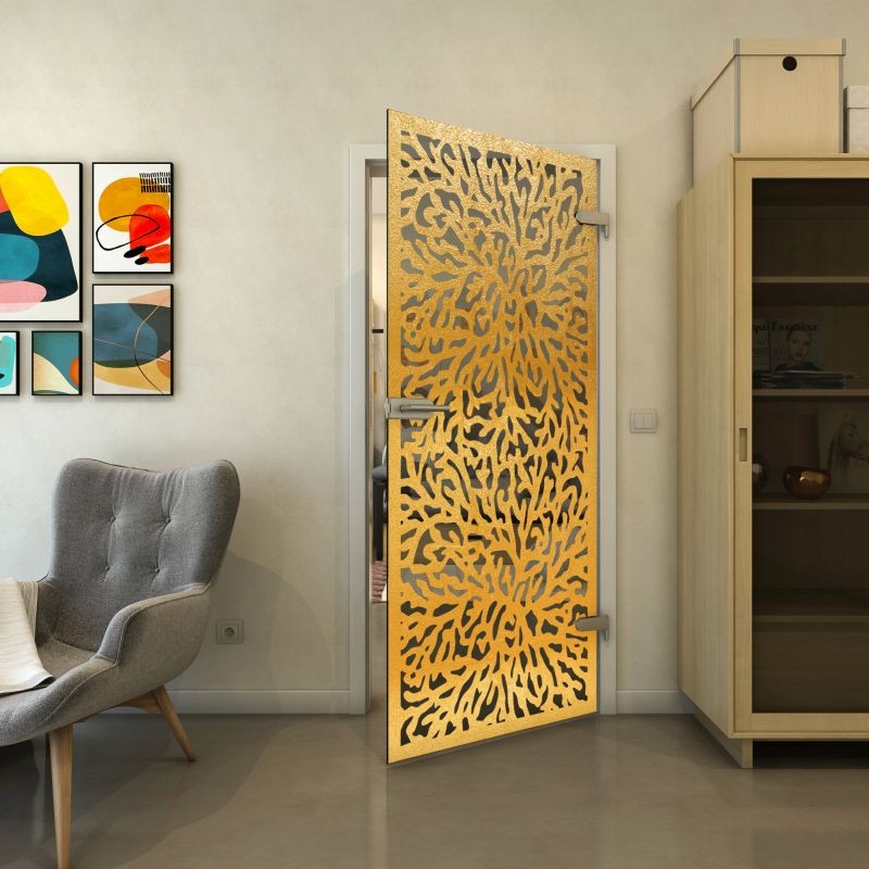 Ganzglastür - Fineprint Modell 168 Gold auf Grauglas