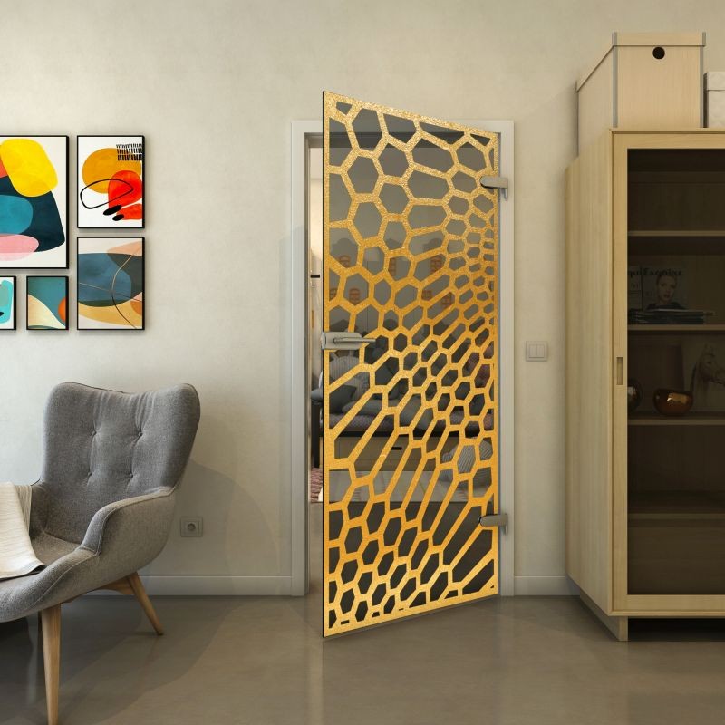 Ganzglastür - Fineprint Modell 186 Gold auf Grauglas