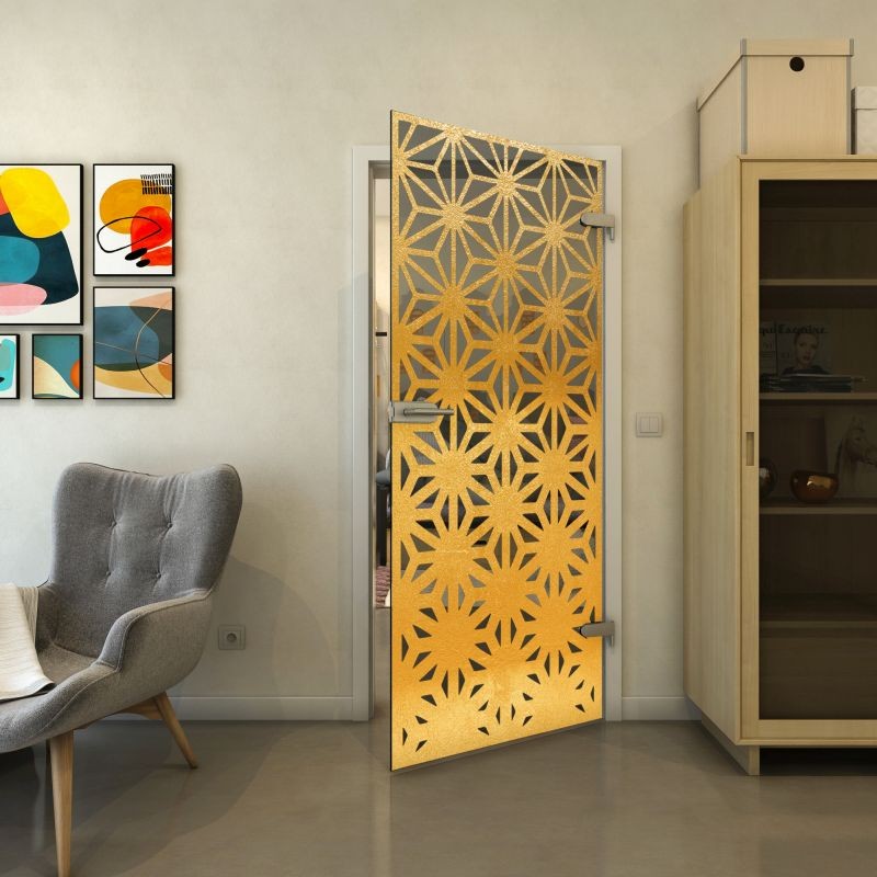 Ganzglastür - Fineprint Modell 187 Gold auf Grauglas