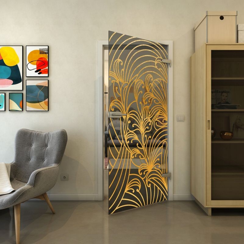 Ganzglastür - Fineprint Modell 200 Gold auf Grauglas