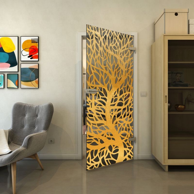 Ganzglastür - Fineprint Modell 202 Gold auf Grauglas